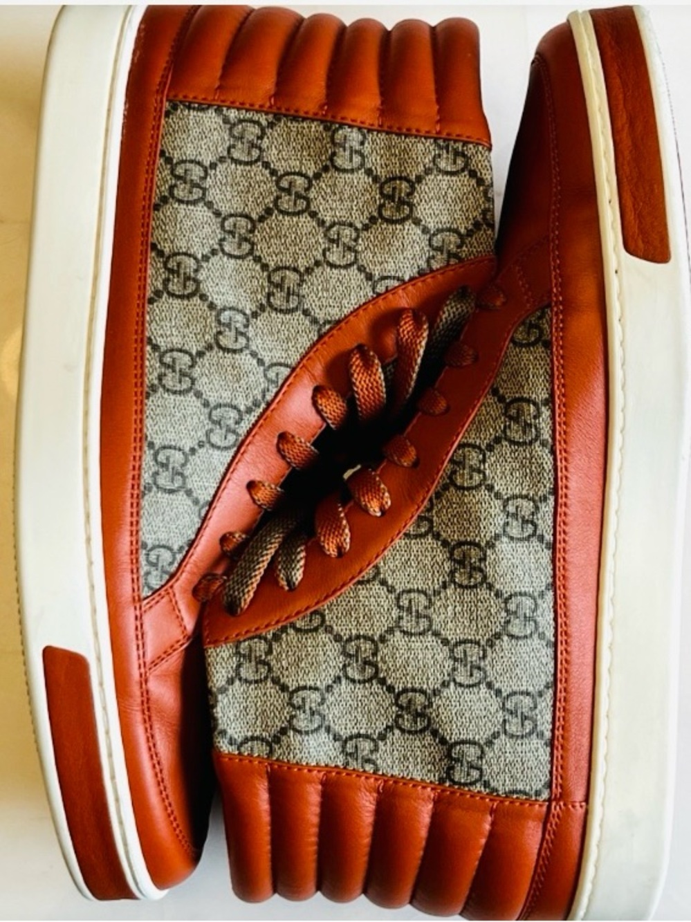 Rare Gucci Men’s Orange Leather & GG Canvas High-Top Sneakers - Picture 3 of 3